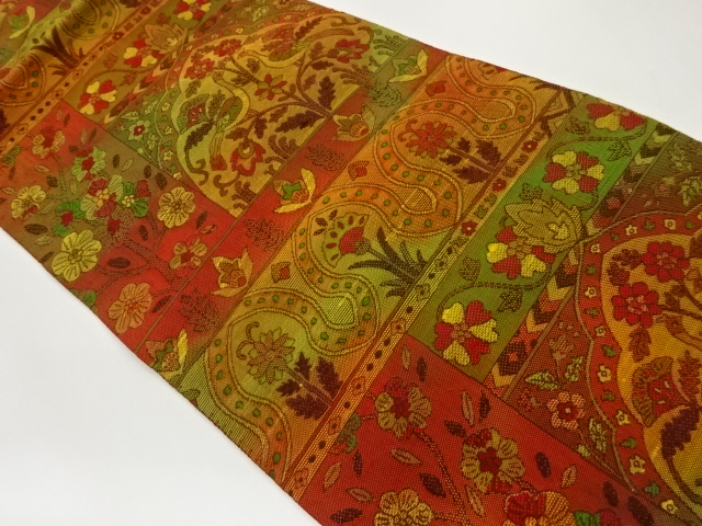 手織り紬変わり横段に花鳥模様織出し名古屋帯